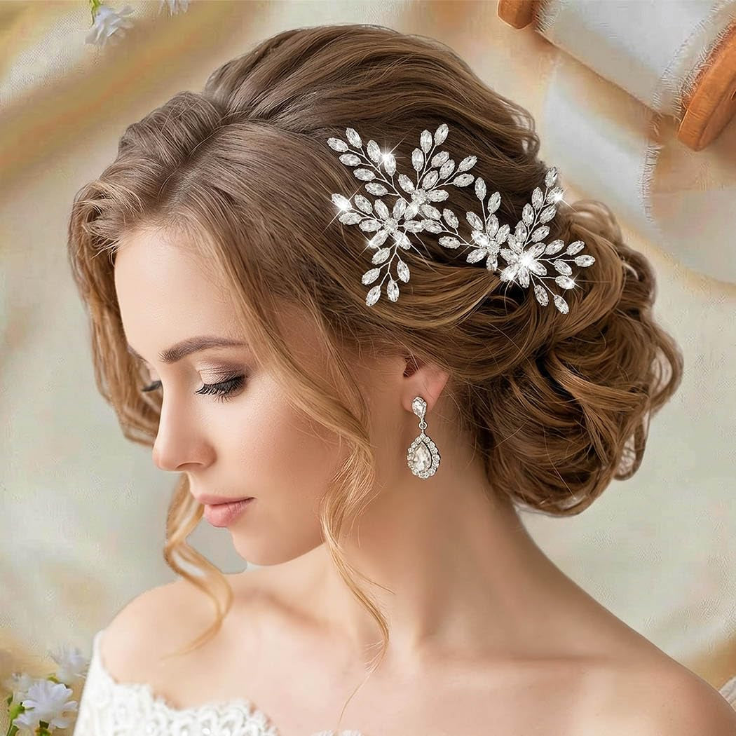 Silver Rhinestone Hair Pins Crystal Hair Clips Bridal Wedding Hair Accessories for Brides and Women Pack of 2 (A-Silver)