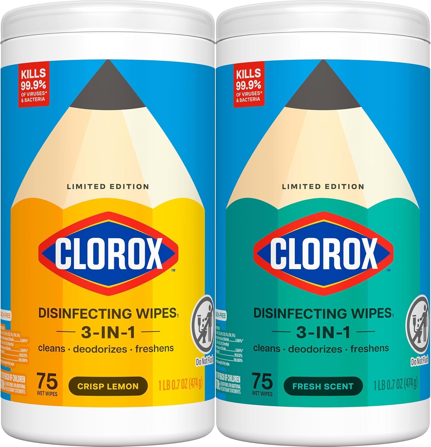 Disinfecting Cleaning Wipes for Spring Cleaning & Allergy Season, Bleach Free, Fresh Scent and Crisp Lemon, 75 Count Each, Pack of 2