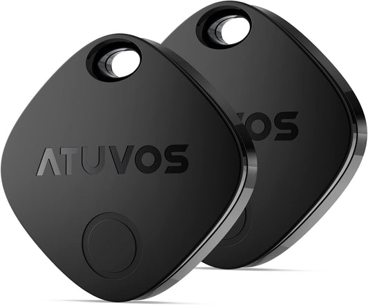 Two black smart tracker tags for iPhone