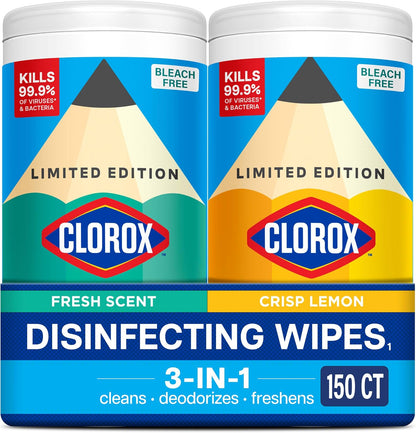 Disinfecting Cleaning Wipes for Spring Cleaning & Allergy Season, Bleach Free, Fresh Scent and Crisp Lemon, 75 Count Each, Pack of 2