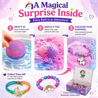 Bath Bombs for Kids with Surprise Inside, Unicorn Bath Bombs for Girls with Jewelry & Jewelry Box for Kids - Organic, Skin Moisturizing, Natural Bubble Bath, Birthday Gifts for Girls