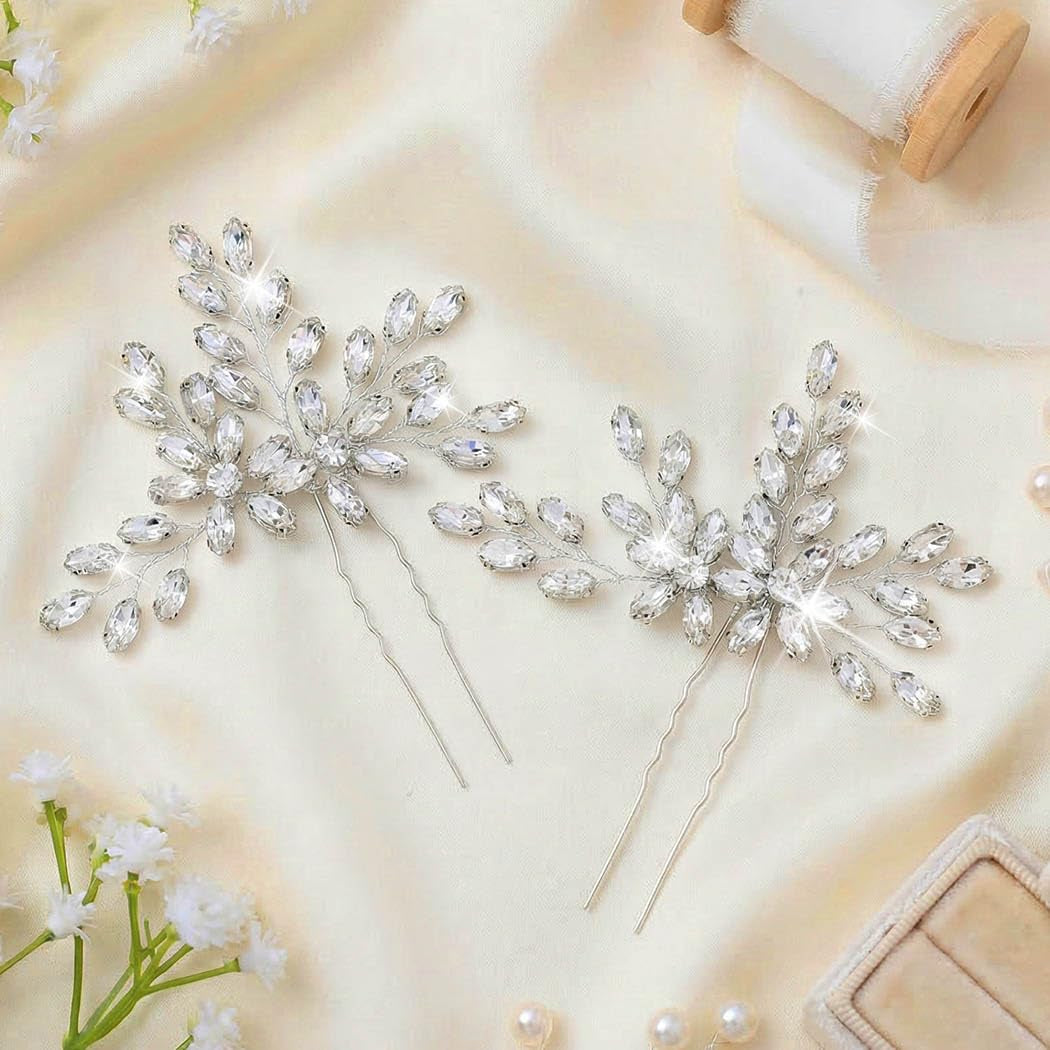 Silver Rhinestone Hair Pins Crystal Hair Clips Bridal Wedding Hair Accessories for Brides and Women Pack of 2 (A-Silver)